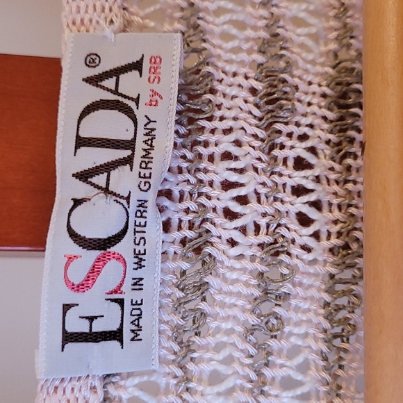 Vintage 80s Escada Pink Tan Striped Pattern Linen Blend Knit Top - Picture 5 of 8